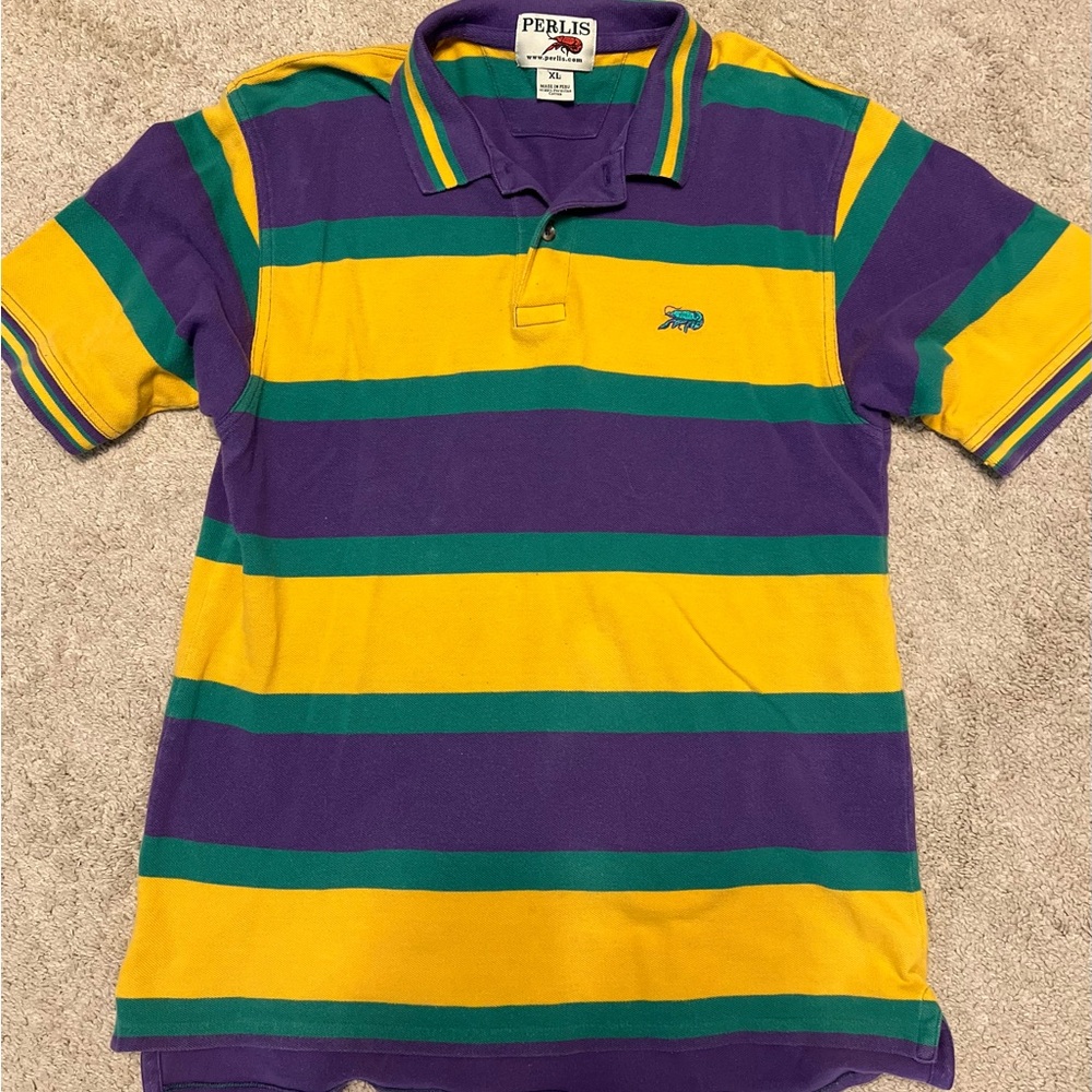 Perlis Boys XL Mardi Gras Striped Polo Shirt - Purple, Yellow, Green